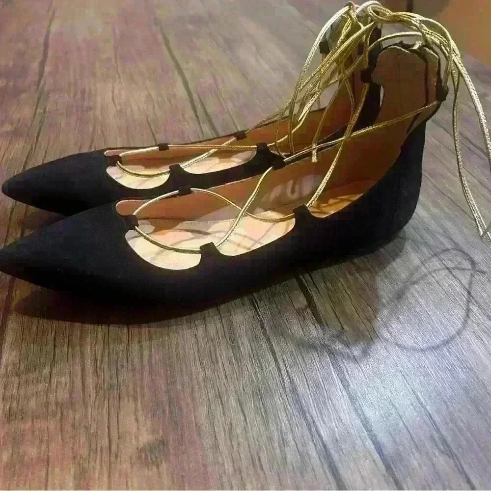 J. Crew Women's Black Suede Gold Metallic Lace up Flats Back zip 8M